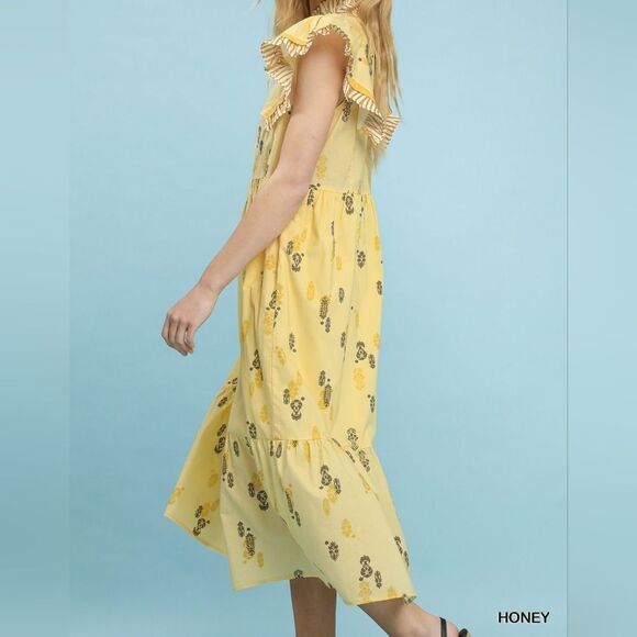 Umgee Floral Ruffle Sleeve Tiered Midi Yellow Bohemian Spring Dress Sz Small - Picture 6 of 7